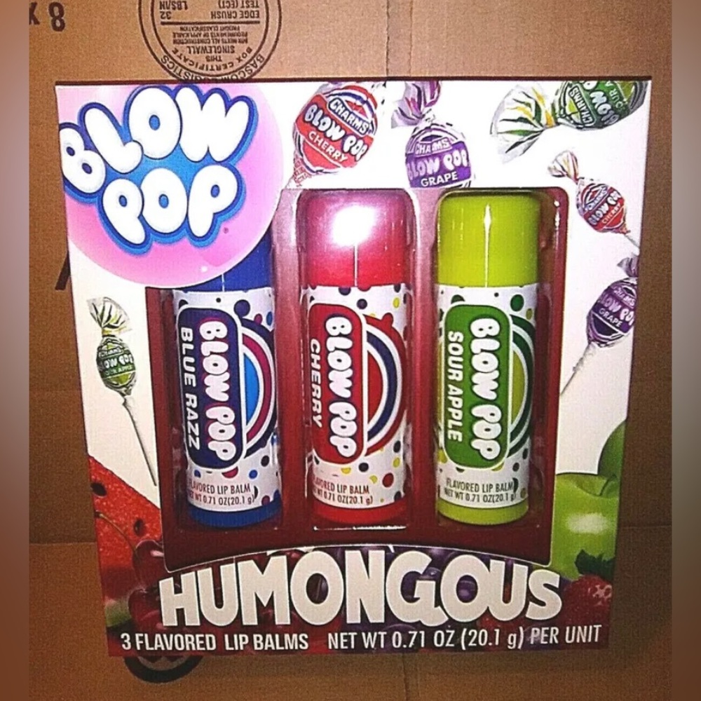 BLOW POP BLUE RAZZ CHERRY SOUR APPLE HUMONGOUS flavored lip balm great fun gift